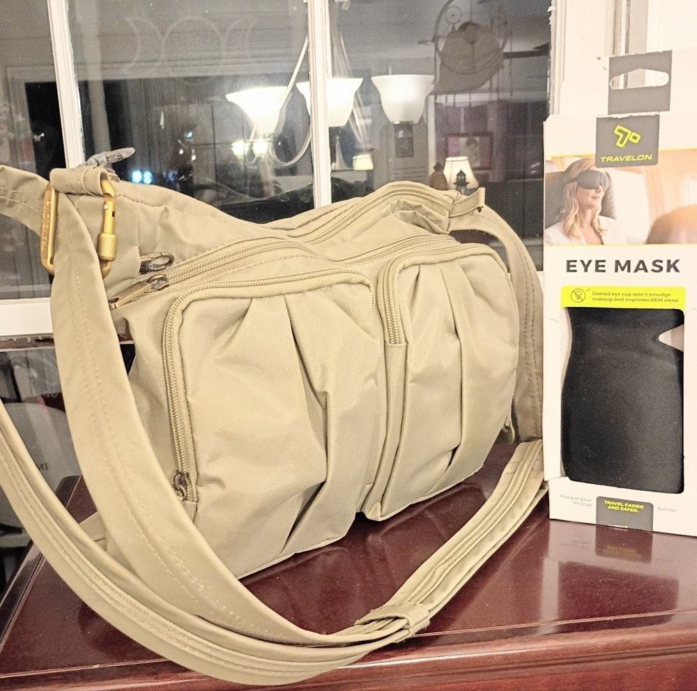 TRAVELON NET TWO POCKET CANVAS  SIGNATURE HOBO ANTI THEFT BAG W/  SLEEP MASK